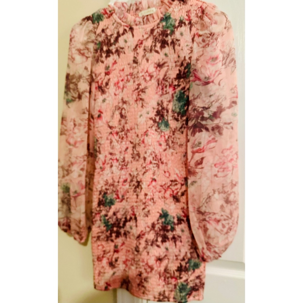 O.Vianca Pink Floral Smocked Mini Dress Long Sheer Balloon Sleeve Ruffle Neck S